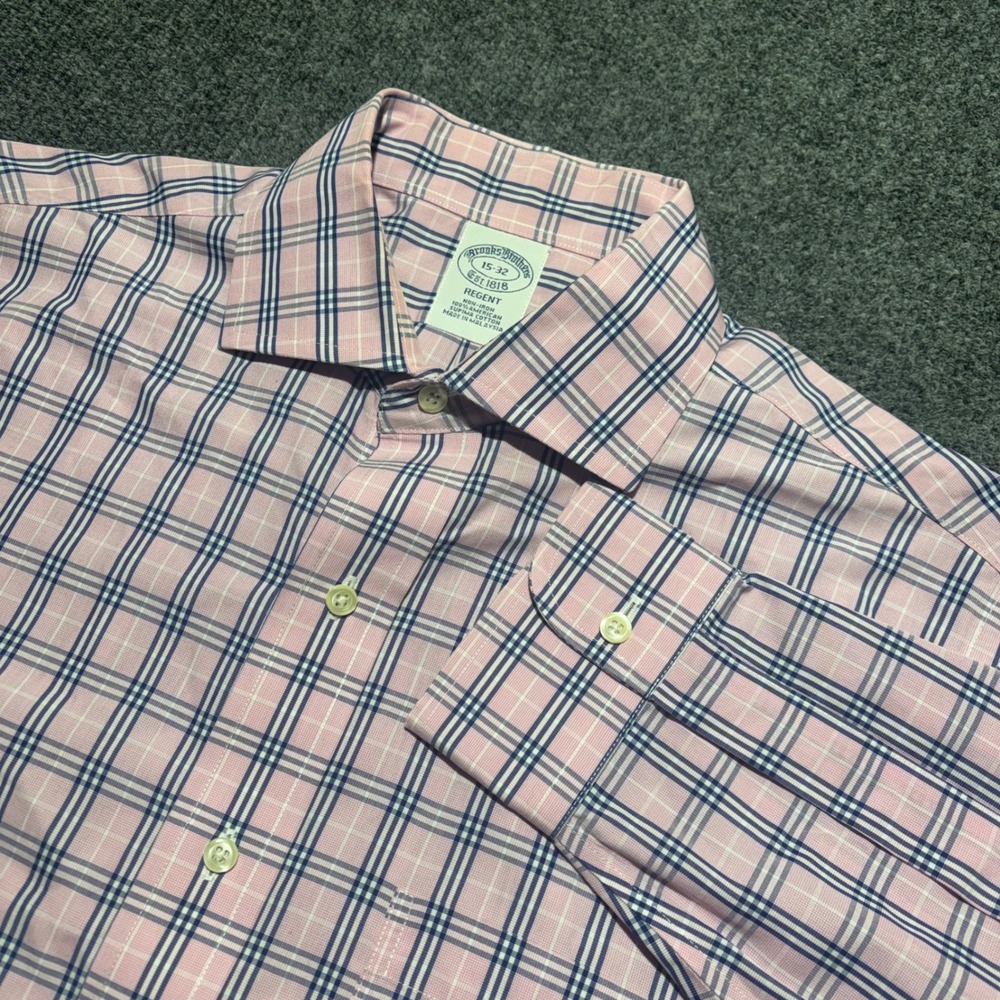 Brooks Brothers Regent Fit Non-Iron Pink Plaid Supima Cotton Dress Shirt 15-32